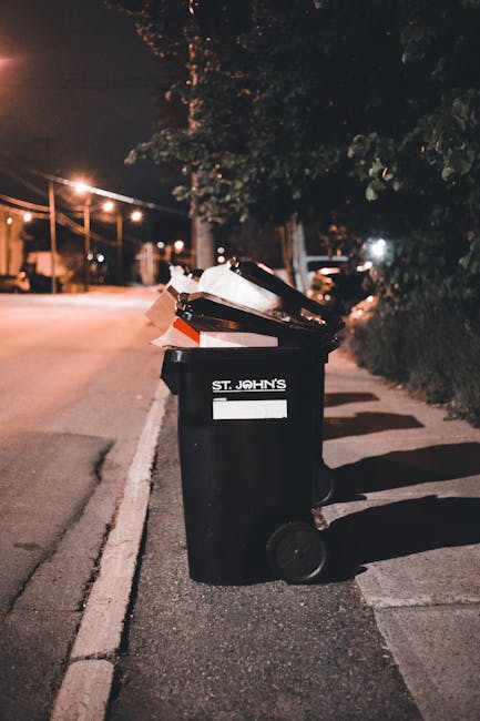 A middle-aged woman with short dark hair, wearing a black t-shirt and black trousers, is seen disposing of rubbish into a stainless steel litter bin on a paved pathway. She is holding a large white ga